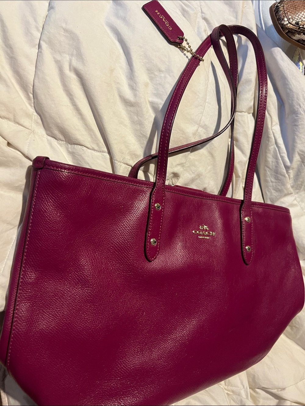 Coach Leather Tote in Deep Magenta with Gold Hardware